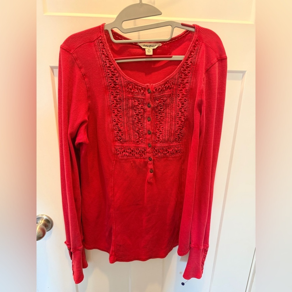 Lucky Brand XL Red Embroidered Henley Top Boho Waffle Knit Distressed